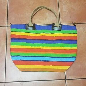 Large Rainbow Striped Coth Lined Beach Bag Tote
